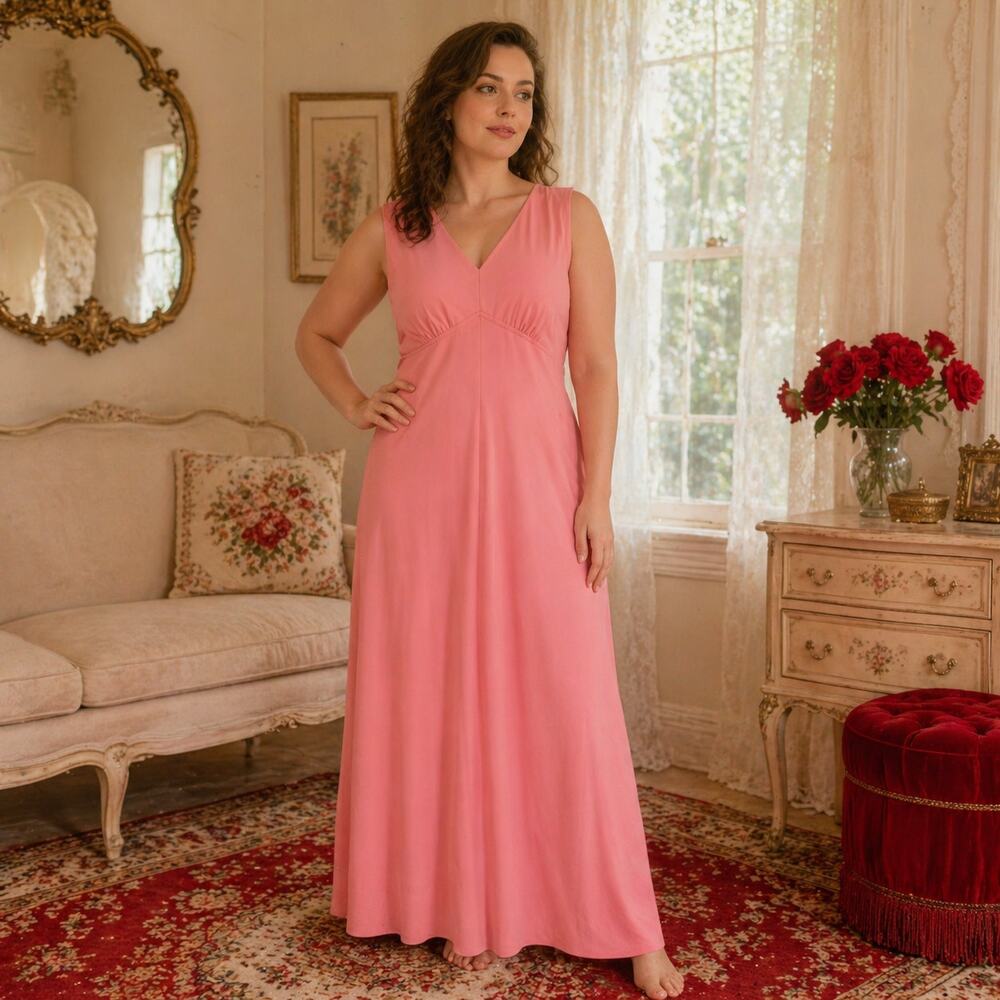 70s Vintage Handmade Salmon Pink Maxi Dress, Empire Waist V Neck - M